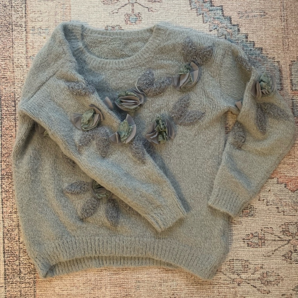 Floral Appliqué Crewneck Sweater in dove grey